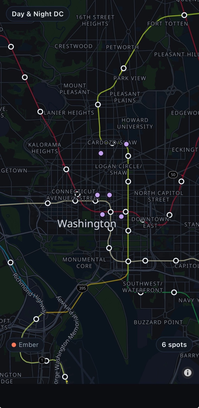 The Day & Night DC night map of Washington, drawn around its Metro lines