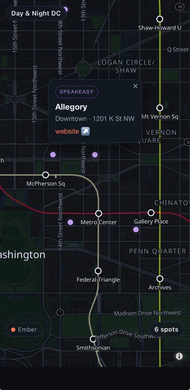 A speakeasy card on the map: Allegory, Downtown, 1201 K St NW