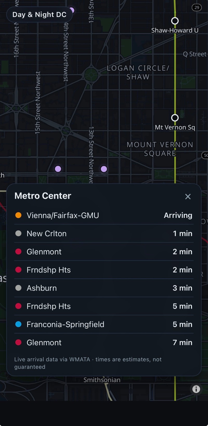 Live train arrivals at Metro Center, straight from WMATA