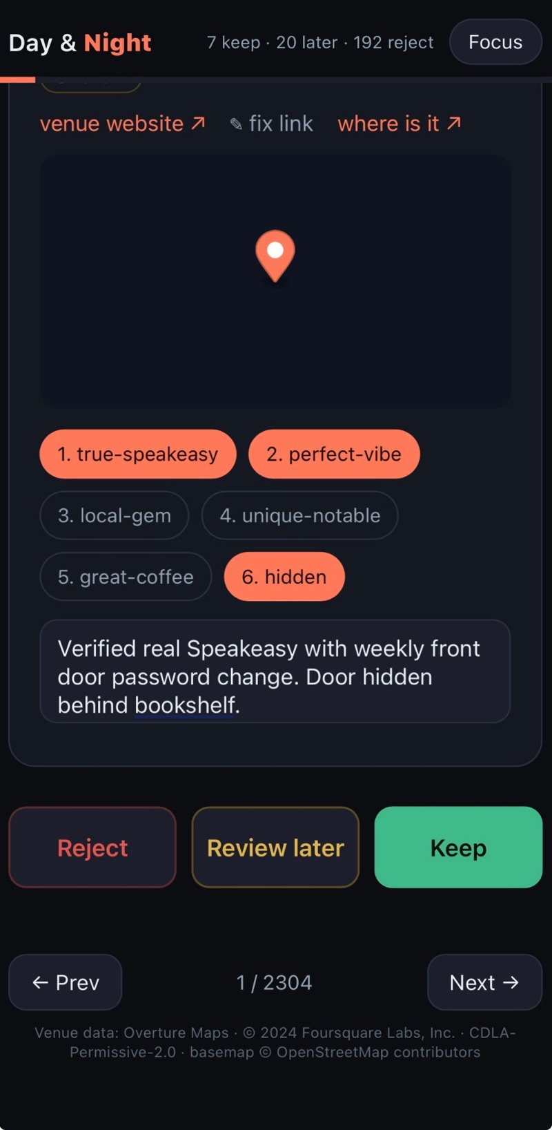 The Day & Night DC admin trainer: a candidate tagged true-speakeasy, perfect-vibe, and hidden, with Keep, Review later, and Reject buttons
