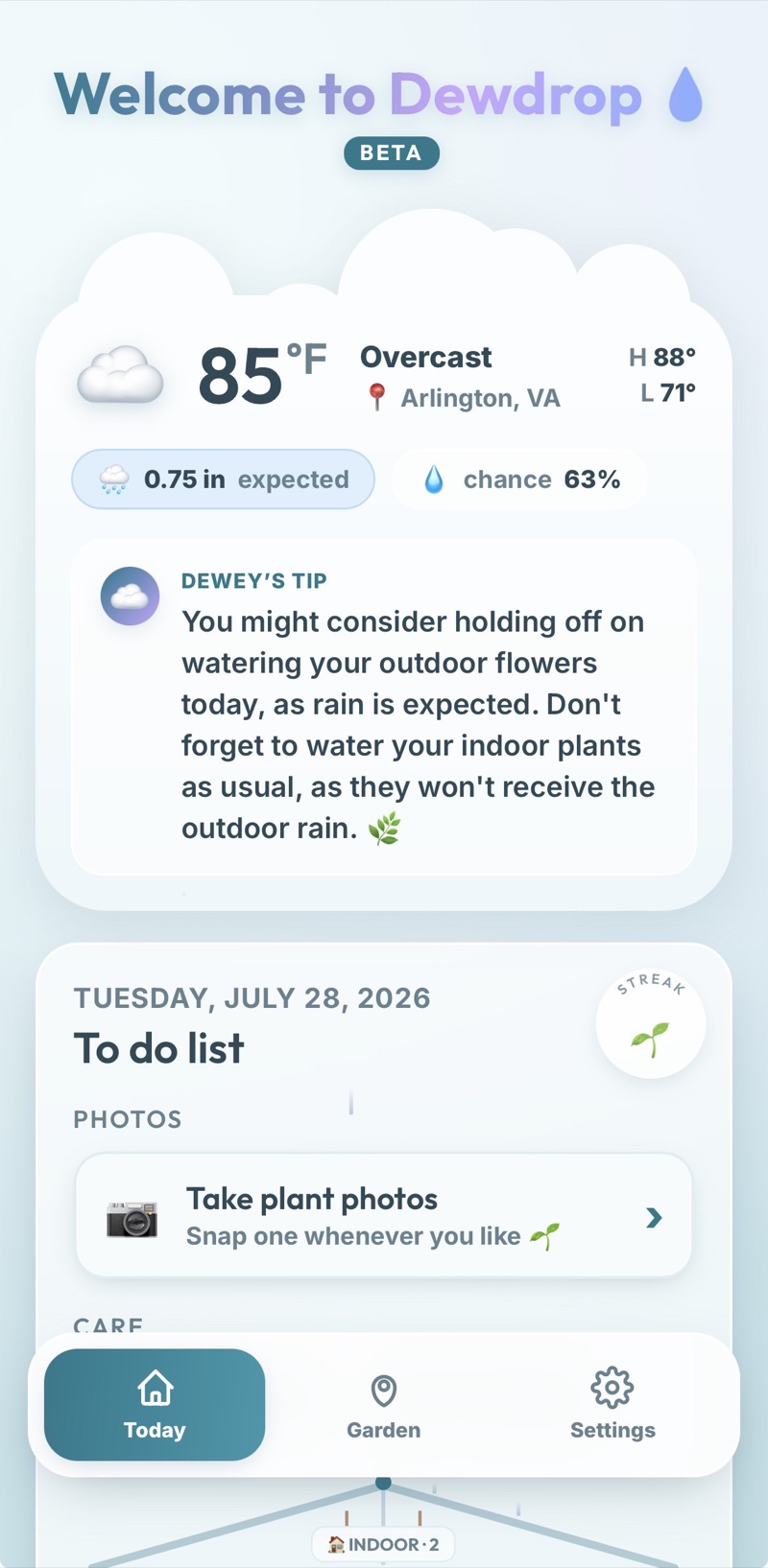 Dewdrop's Today screen: weather for Arlington and a watering tip from Dewey