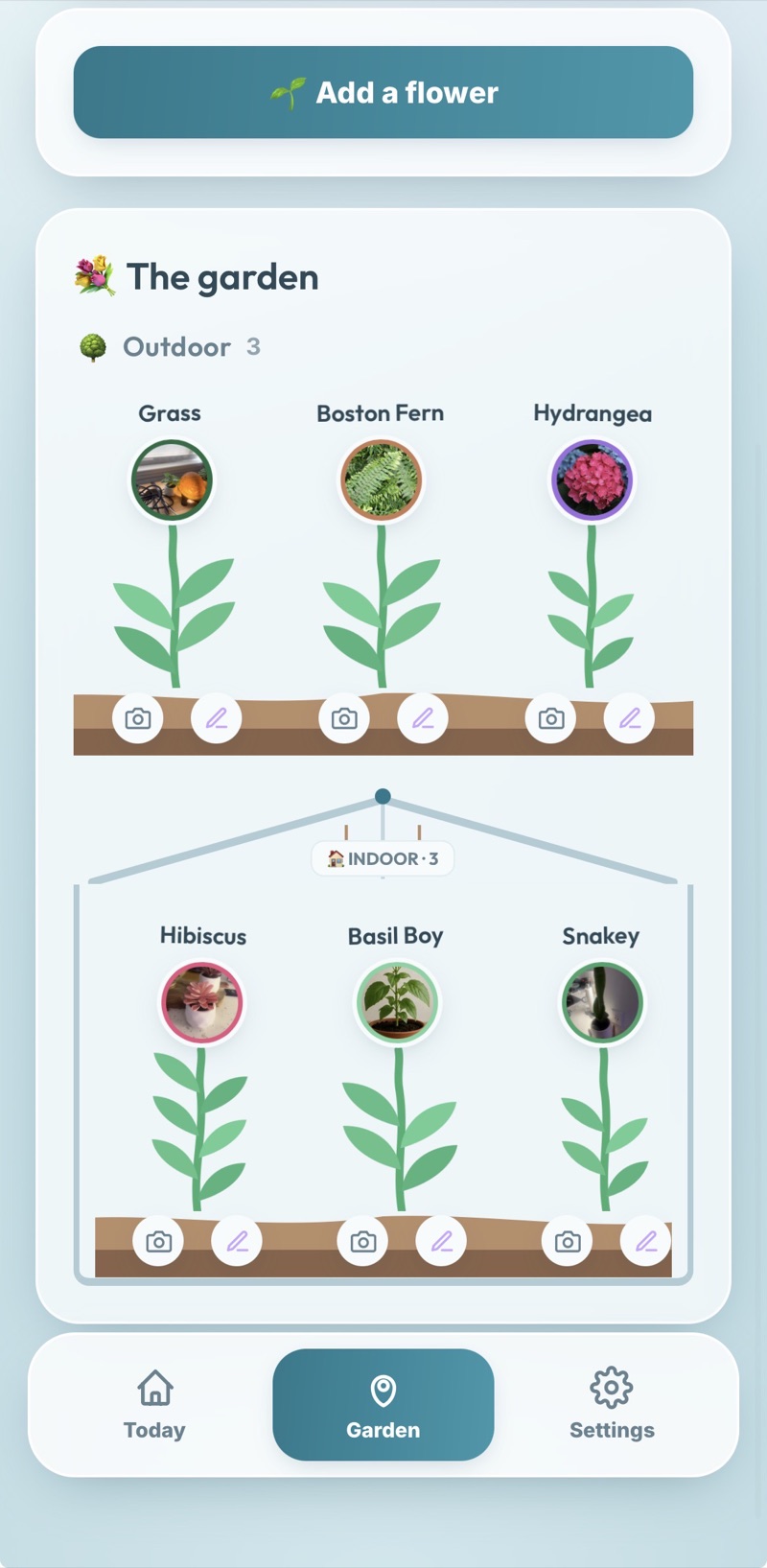 The garden view in Dewdrop: outdoor plants and an indoor greenhouse, each plant with a photo avatar